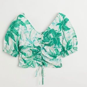 V-neck Drawstring Blouse❤️ White/leaf-patterned